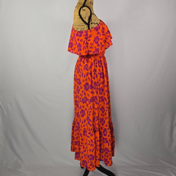 Orange Purple Floral‎ One Shoulder Maxi Dress S Tiered Ruffle Resort Vacation - Picture 4 of 9